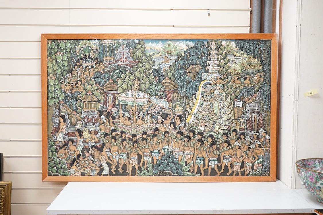 A large Thai Batik picture of a ceremonial procession, gouache on fabric, 82 x 135cm, framed